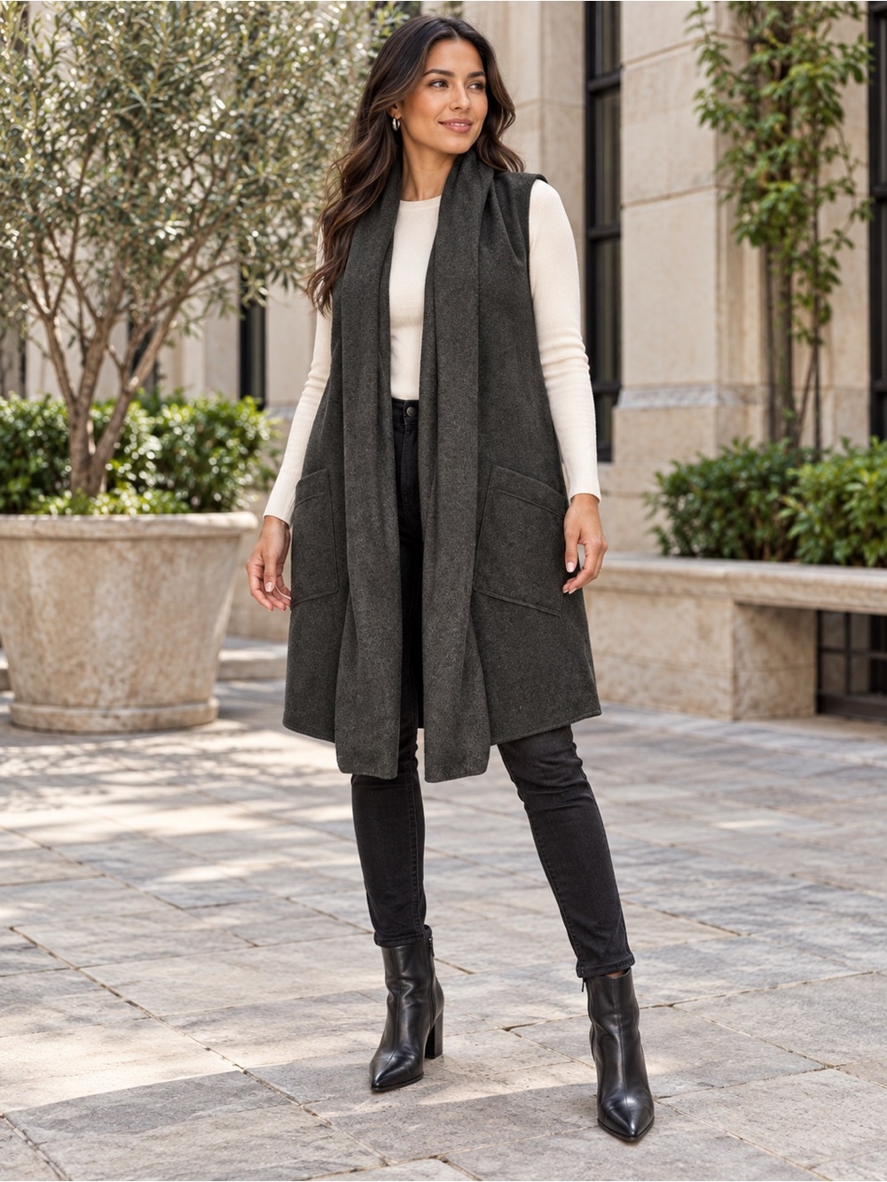 Sleeveless Open-Front Long Vest in Charcoal